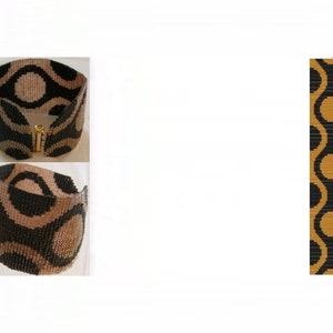 May include: A black and brown beaded bracelet with a geometric pattern of circles and waves. The bracelet is made of small beads and has a clasp closure.