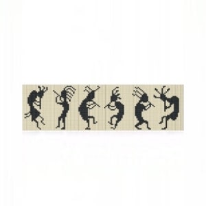 May include: Black and white silhouette of seven Kokopelli figures playing flutes, a traditional Native American design.