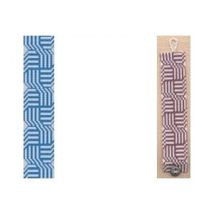 May include: Two beaded bracelets with geometric patterns. The bracelet on the left is light blue with white stripes. The bracelet on the right is burgundy with white stripes.