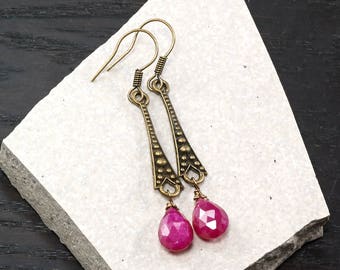 Ruby earrings, Antique brass ruby earrings, boho jewellery, Gift for Her, July Birthstone, Birthday, Art Deco, Gemstone earrings, Christmas
