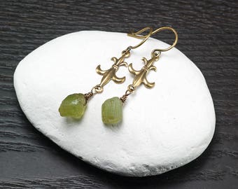 Raw Green Tourmaline nugget Brass earrings, Rough Tourmaline crystal earrings, Gift for Her, October Birthstone