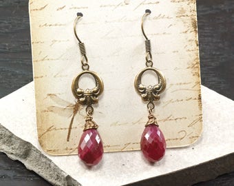 Ruby earrings, Gemstone, Gift for her, Brass earrings, Art deco, Boho earrings, July birthstone, Everyday, Birthday, Dangle earrings