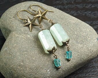 Prehnite Apatite Brass earrings, Rustic boho chic, Start dangle earrings, Antique Brass jewellery, Gift for Her