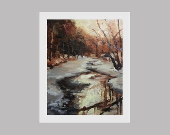 Snow Scene Landscape Original Oil Painting on Linen Canvas Impressionist