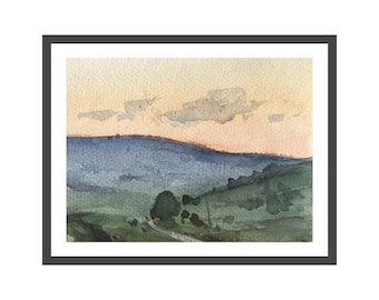 Montagnes bleues lointaines reflétées dans la peinture aquarelle originale de paysage de montagne de ruisseau