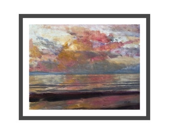 Pink Sunset Clouds reflected on the Sea and Waves Original Oil Painting Coastal Sunset on Canvas