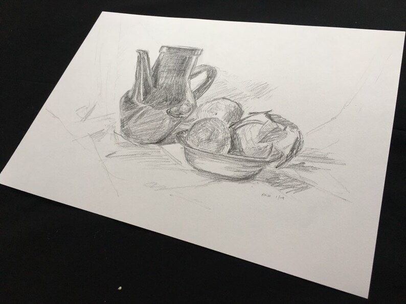 Original Fine Art Drawing on Paper Art Artwork Teapot and Clementines Still Life Pencil Sketch Kitchen Art