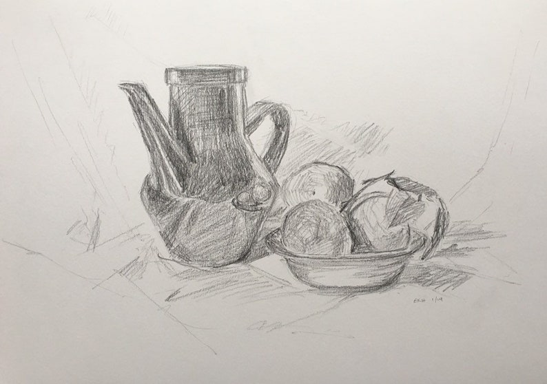 Original Fine Art Drawing on Paper Art Artwork Teapot and Clementines Still Life Pencil Sketch Kitchen Art