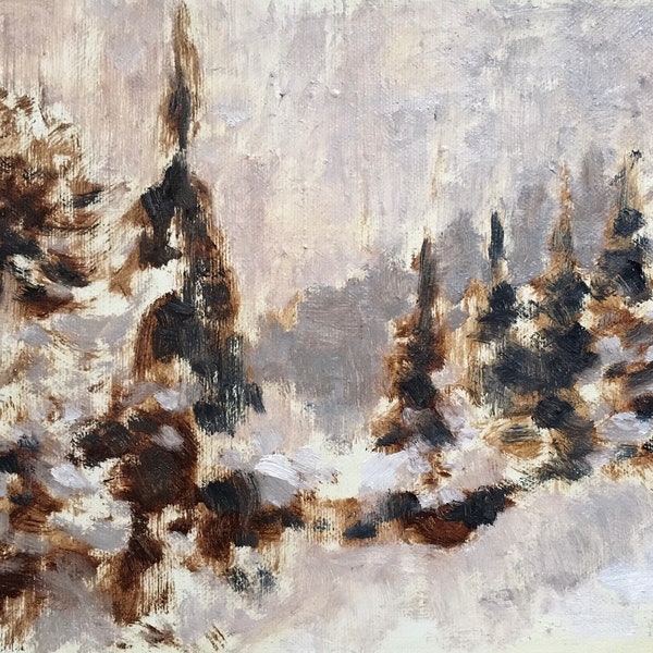 Sneeuwscène landschap origineel olieverfschilderij op linnen canvas impressionist