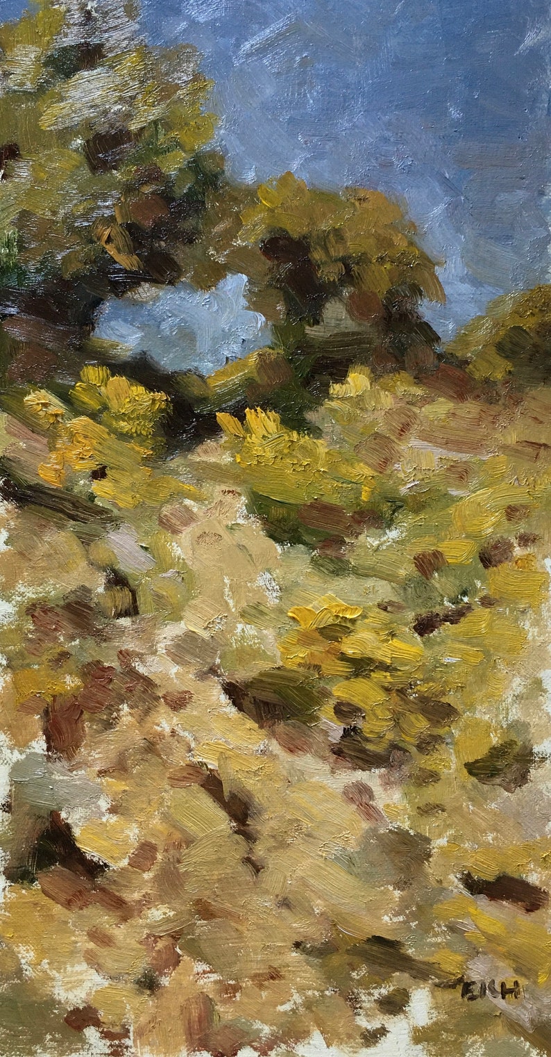 Sunny Hillside with Trees Landscape Original Oil Painting on Canvas image 3