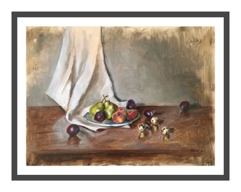 Still Life oil painting with a bowl of fruits on a table with pears peaches and plums and quails eggs with draped cloth canvas wall art