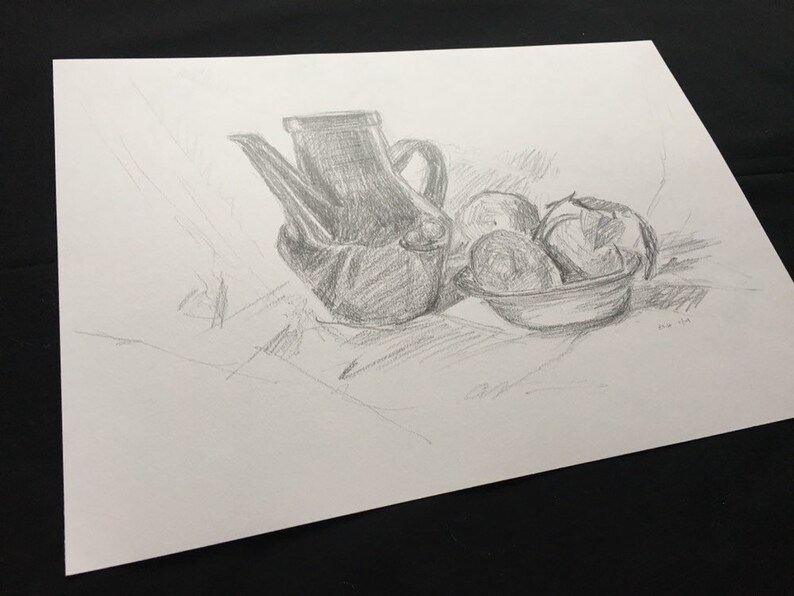 Original Fine Art Drawing on Paper Art Artwork Teapot and Clementines Still Life Pencil Sketch Kitchen Art