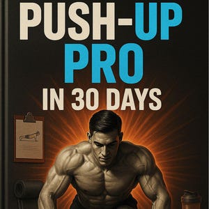 Peut inclure: Un homme musclé portant un débardeur noir et un short fait des pompes sur des barres de pompes noires. L'image se déroule dans une salle de sport à domicile avec un presse-papiers, une bouteille d'eau et un tapis de yoga. Le texte "PUSH-UP PRO IN 30 DAYS" est en haut de l'image.