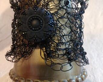 Crocheted Cuff, Black Cuff, Costuming, Goth Jewelry, Wire Mesh, Gift for Her, Unique Accessories, Victorian Jewelry, Costuming Ideas