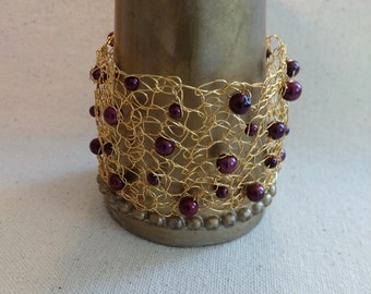 Crocheted Cuff, Wire Mesh Cuff, Cuff Bracelet, Beaded Bracelet, Gold Bracelet with Pearls, Artisan Jewelry, Handmade Bracelets, Gift for Her