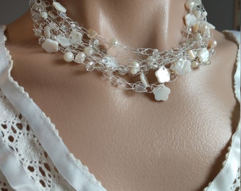 White Mesh, Multilayered Necklace and Earring Set, Beaded Necklace, Wedding Jewelry, Brides Necklace, Unique Handmade, White Necklace,