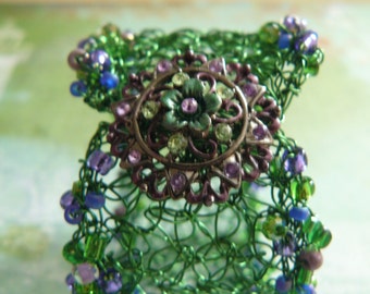 Crocheted Wire Cuff, Beaded Cuff with Rhinestone Closure, Crocheted Wire Jewelry, Unique Gifts for Her, Wire Mesh Bracelet, Bright Green