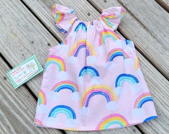 big or little girl rainbow flutter sleeve peasant dress / rainbow theme birthday dress / toddler beach sundress / spring family photo shoot