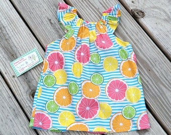big or little girl citrus slice flutter sleeve peasant dress / family photo at the beach dress / girls birthday dress / girls beach sundress