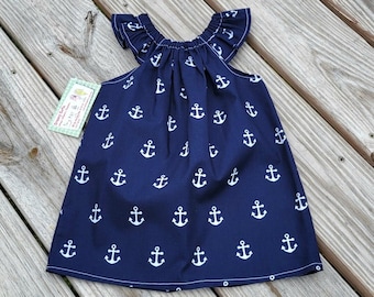 navy anchor flutter sleeve dress, toddler dress, infant dress, girls beach dress, handmade baby gift, shift dress, swing top, groovy gurlz,