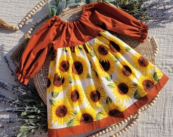 big or little girls long sleeve fall sunflower peasant dress / fall family photos dress / back to school / thanksgiving dress