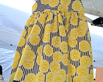 big or little girls lemon adjustable dress / 1st birthday dress / Lemon dress with Navy blue stripes  / summer family photo shoot dress