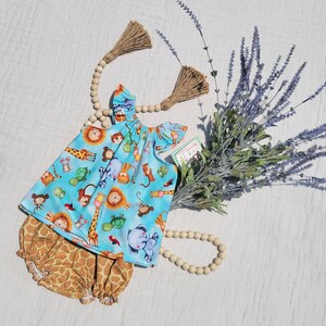 Baby Zoo Animals Top and Bloomer Set,  Perfect for A Day At The Zoo, Baby Shower Gift, or Zoo Themed Birthday Party