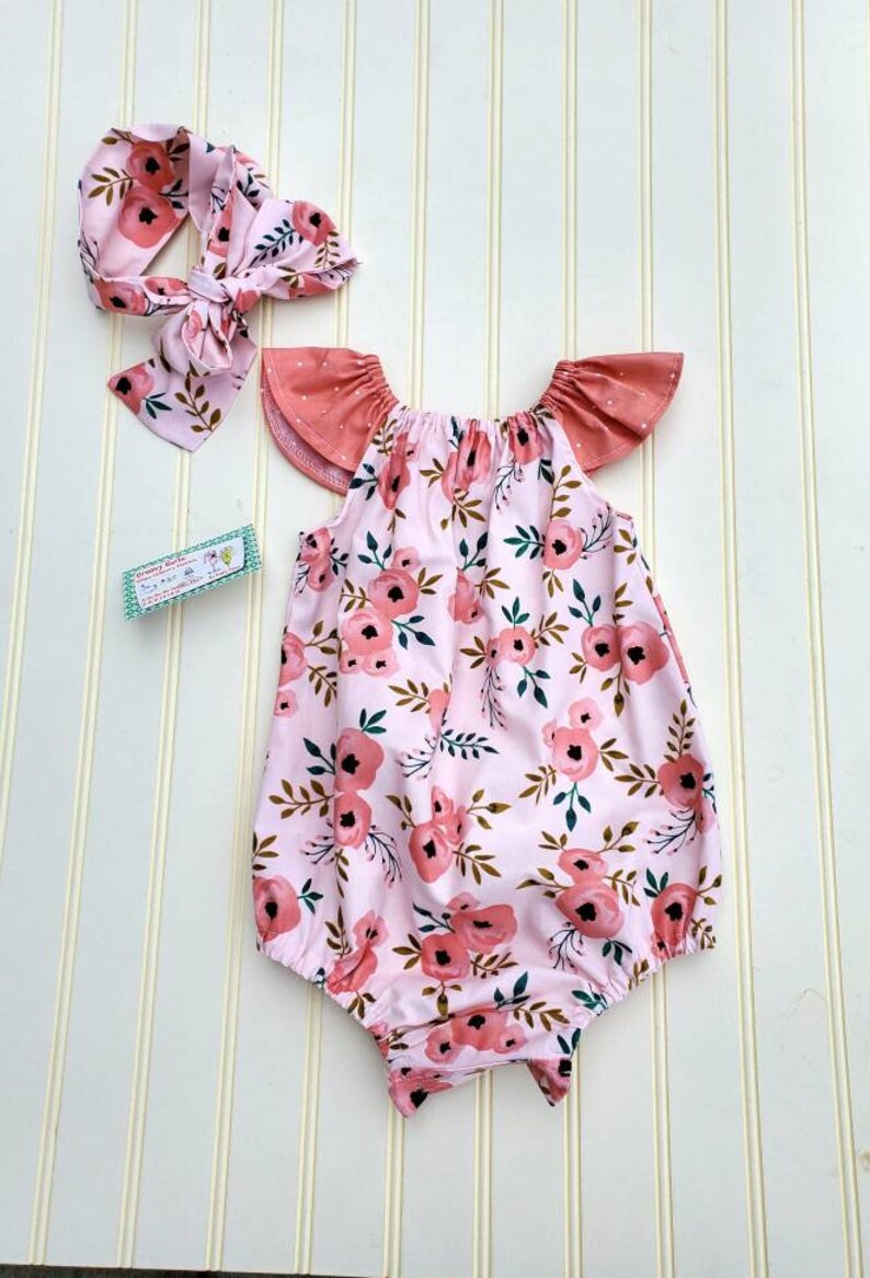 little girls floral flutter sleeve baby bubble romper / coming home outfit / baby shower gift for new mom / baby milestone photo shoot image 1