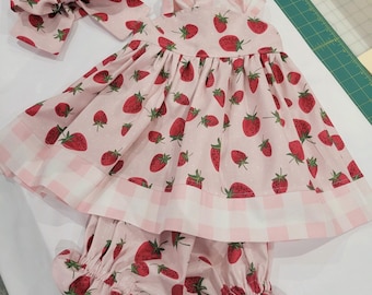 big or little girls strawberryl adjustable dress bloomer headwrap set / strawberry themed birthday dress / summer family photo shoot dress