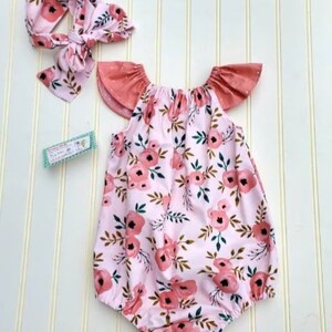 little girls floral flutter sleeve baby bubble romper / coming home outfit / baby shower gift for new mom / baby milestone photo shoot image 3