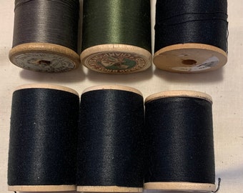 6 Vintage Wooden Spools of Black, Military Green, and Taupe Thread