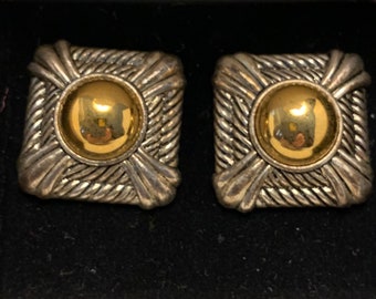 Vintage 1999 Avon Textured Two-Tone Square  Pierced Earrings In Box