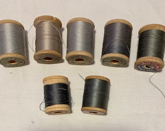 7 Vintage Wooden Spools of Sewing Thread ~  Shades of Grey