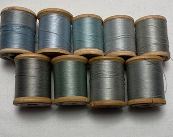 Vintage Sewing Thread ~ 9 Wood Spools Shades of Light Blue and Grey