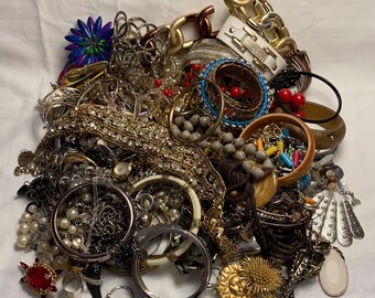 Grab Bag ~ 2lbs Junk Drawer Jewelry ~ Broken, Tarnished, Tangled, Mismatched Pieces ~  Necklaces, Bracelets, Earrings Pings, Pins, Pendants