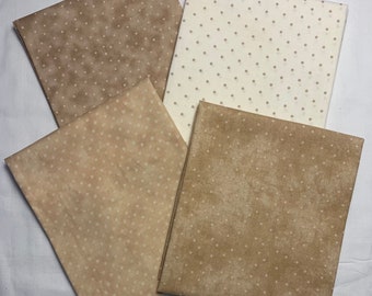 Fat Quarter Bundle  ~  Four Cotton Fabrics 18” x 21”  Tan/Beige Polka Dot Assortment