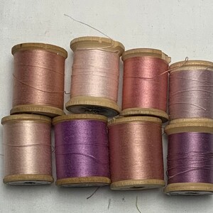 8 Vintage Wooden Spools of Thread Shades of Purple/Lilac and Pink/peach image 1