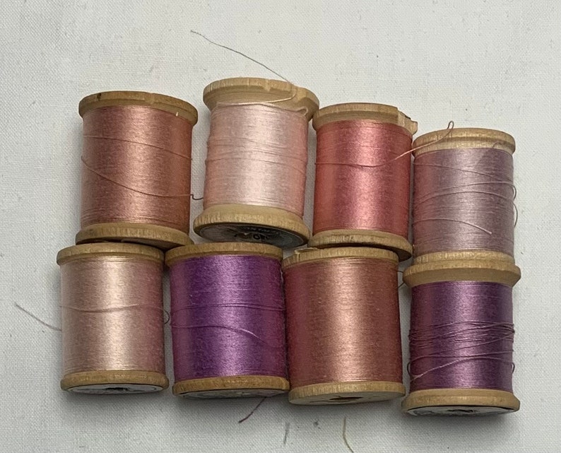 8 Vintage Wooden Spools of Thread Shades of Purple/Lilac and Pink/peach image 1