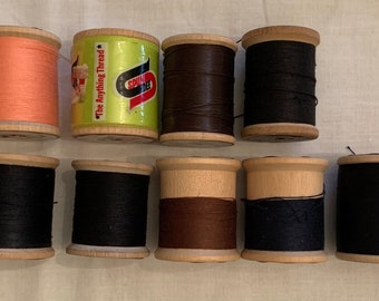 9 Vintage Wooden Spools of Assorted Sewing Thread