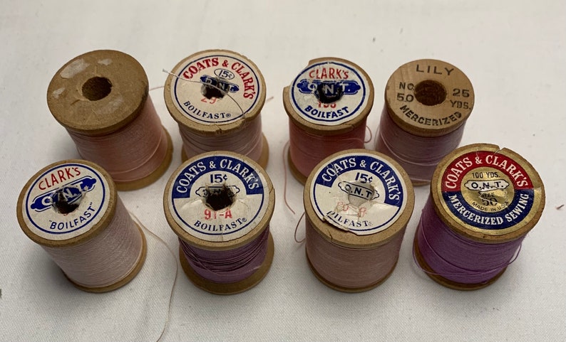 8 Vintage Wooden Spools of Thread Shades of Purple/Lilac and Pink/peach image 4