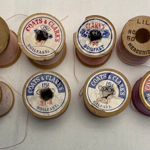 8 Vintage Wooden Spools of Thread Shades of Purple/Lilac and Pink/peach image 3