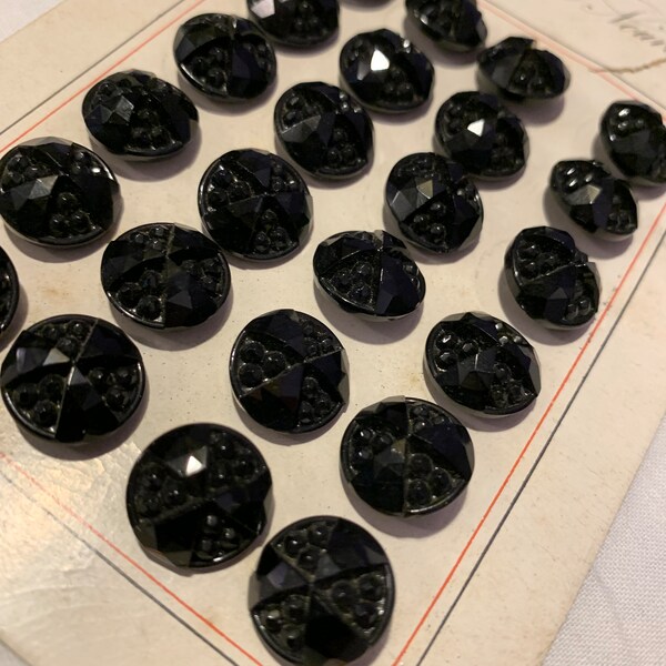 24 Antique Haute Nouveaute Black Glass Buttons NOS