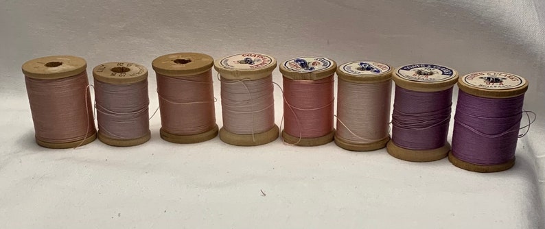 8 Vintage Wooden Spools of Thread Shades of Purple/Lilac and Pink/peach image 2