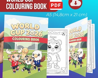 May include: A World Cup 2026 coloring book in A5 size (5.8 x 8.3 inches), featuring cartoon animals playing soccer. The cover displays the text "World Cup 2026 Colouring Book" and "PDF". The book's pages are open, revealing coloring pages with soccer-themed illustrations.
