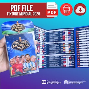 May include: A PDF file labelled "FIXTURE MUNDIAL 2026" with a red header. The image shows a schedule for the 2026 World Cup, featuring team flags and match times. The cover displays player portraits.