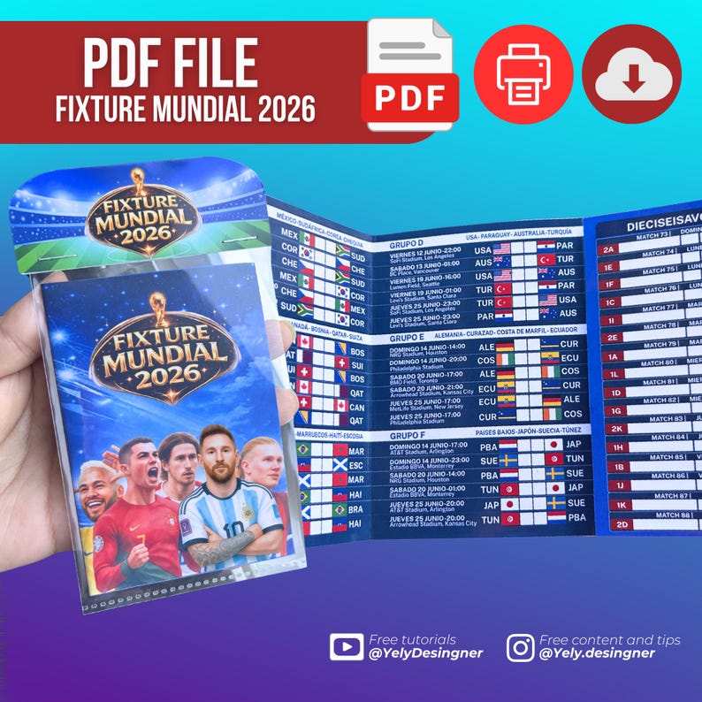May include: A PDF file titled "FIXTURE MUNDIAL 2026" with a red header. The image shows a schedule for the 2026 World Cup, featuring team flags and match times. The cover displays player portraits.