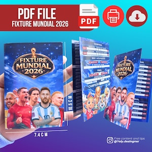 May include: A PDF file titled "FIXTURE MUNDIAL 2026" with a soccer theme. The design features a blue background with the text "PDF FILE" and "FIXTURE MUNDIAL 2026". The product measures 7.4 cm x 10.5 cm.