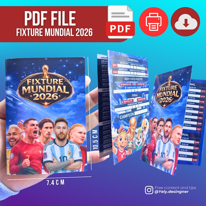 May include: A PDF file titled "FIXTURE MUNDIAL 2026" with a soccer theme. The design features a blue background with the text "PDF FILE" and "FIXTURE MUNDIAL 2026". The product measures 7.4 cm x 10.5 cm.