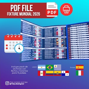 May include: A blue graphic with the text "PDF FILE FIXTURE MUNDIAL 2026" and a PDF icon. The image includes a calendar, clock, and a schedule of matches with flags. The bottom text says "Free content and tips @Yely.desingner".