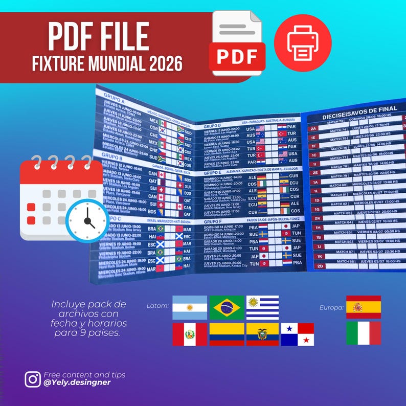 May include: A blue graphic with the text "PDF FILE FIXTURE MUNDIAL 2026" and a PDF icon. The image includes a calendar, clock, and a schedule of matches with flags. The bottom text says "Free content and tips @Yely.desingner".